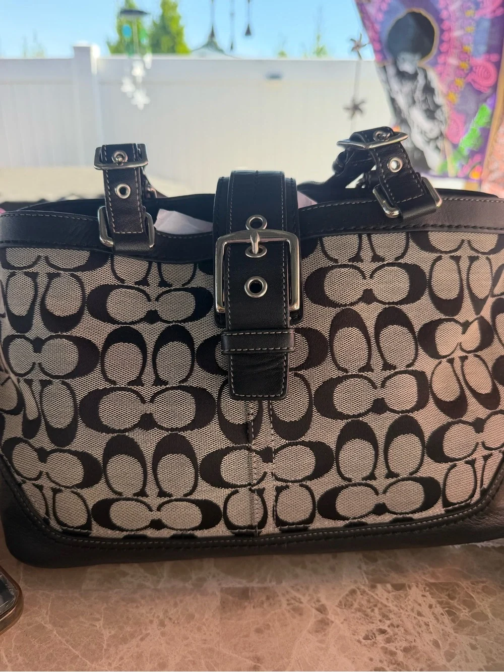 Coach Black and gray Signature Canvas Tote with Buckle Strap!